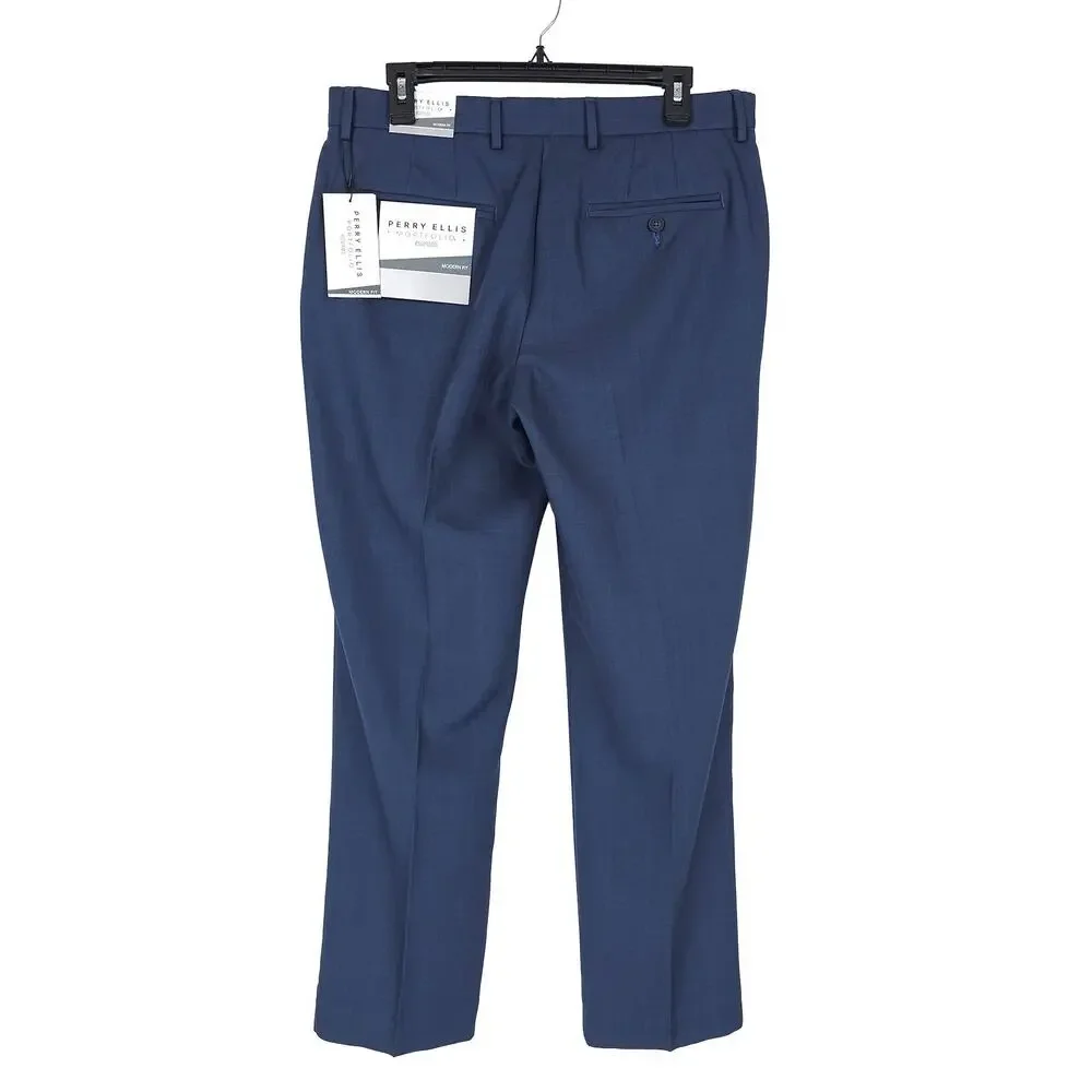 Perry Ellis Portfolio Mens Modern Fit Dress Pant 36x32 Indigo Blue Plaid Stretch